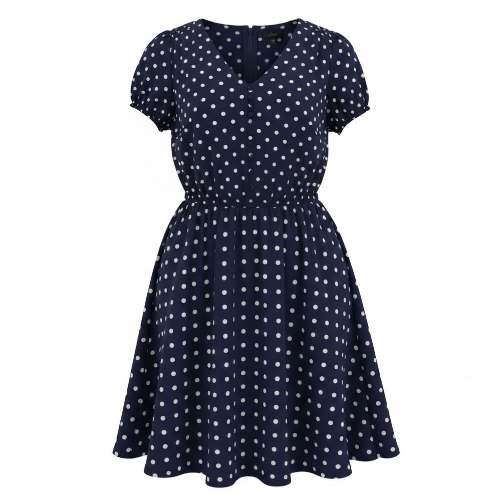 J. Crew Classy Lightweight Polka‎ Dot Lined Short Sleeve Midi Dress 2 Navy Blue